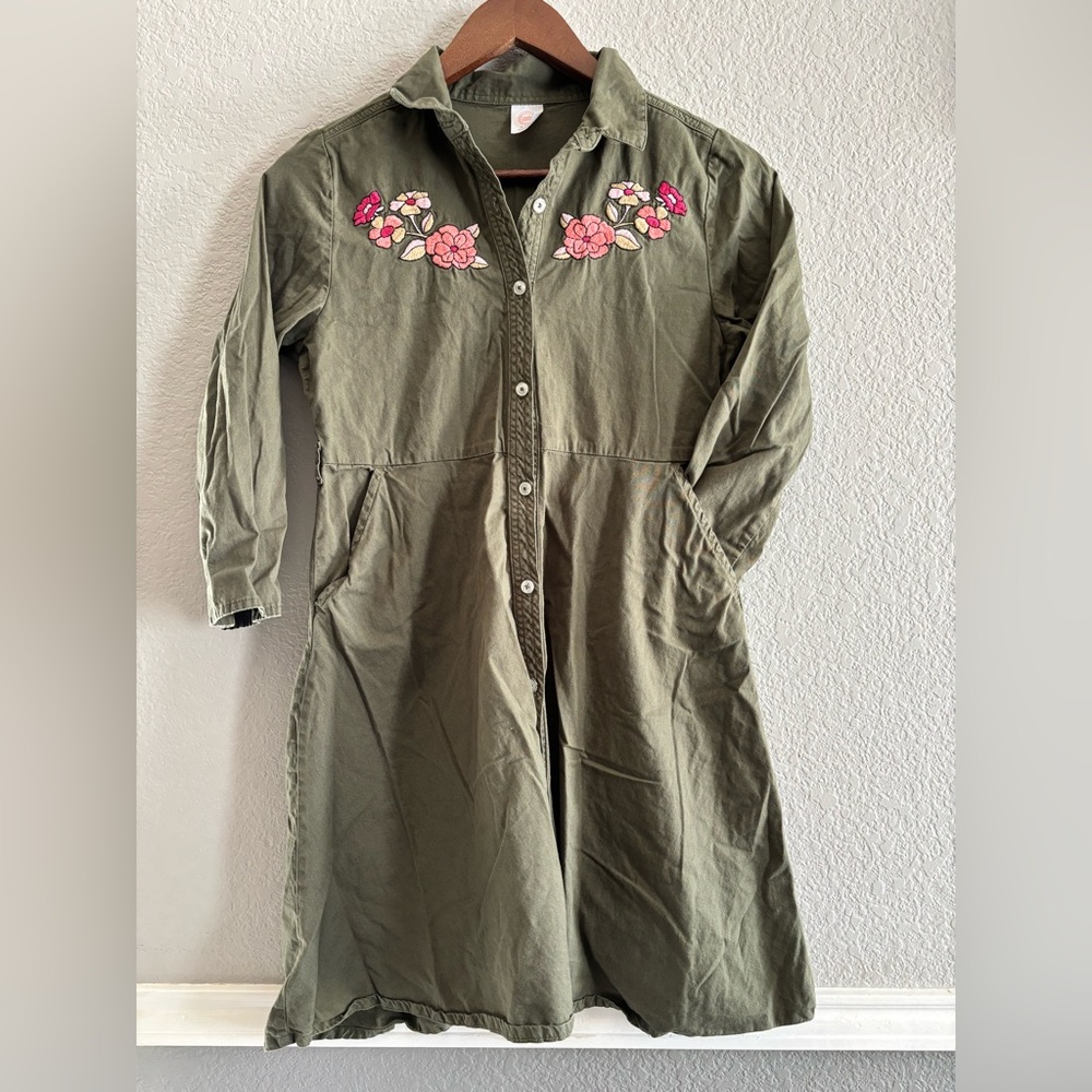 Wonder Nation Girls Utility Shirt Dress with Floral Embroidery – Size XL (14/16)